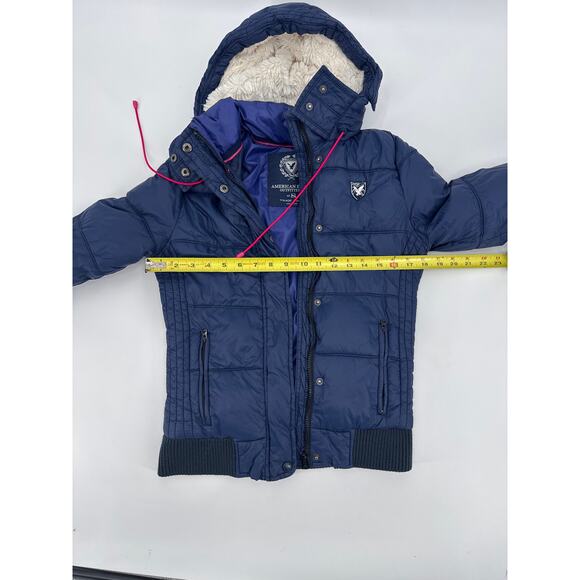 American Eagle Navy Puffer Full Zip Jacket Faux Fur Lines Sherpa Hood Size Small - Picture 9 of 9
